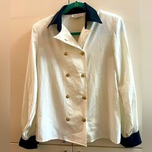 VTG 80 s Double Breasted Blouse Contrast Collar Shirt Sz 6 Cream/ Black